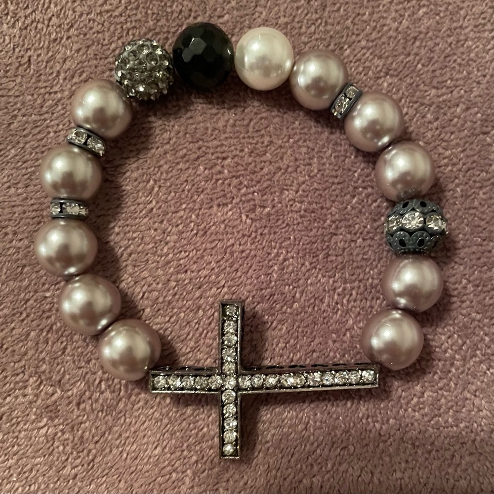 Elegant Faux Pearl and Crystal Cross Bracelet NIB